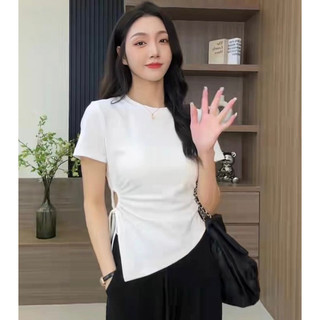 Áo thun nữ khoét eo dây rút vạt nhọn, Áo ngắn nay rút dây eo