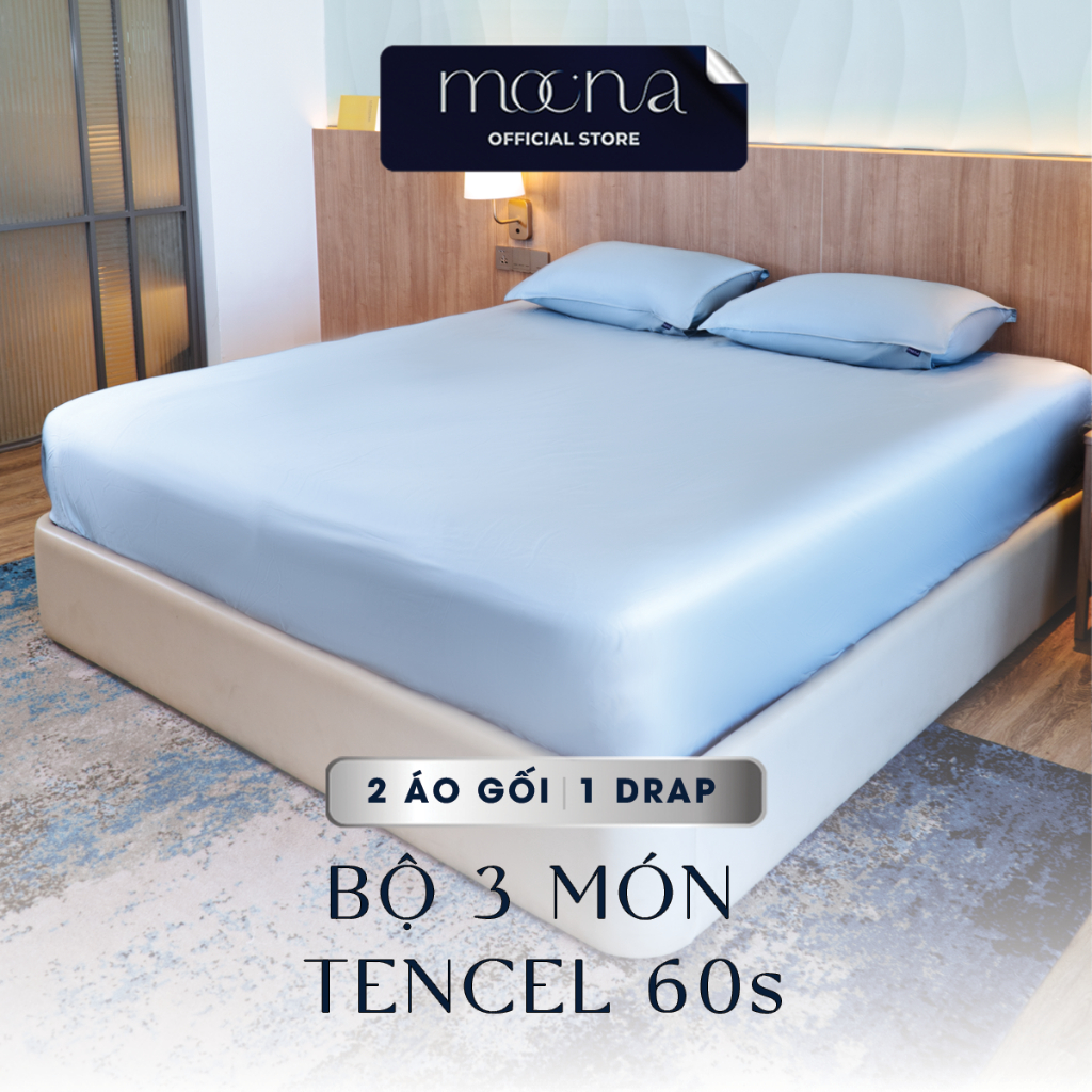 Bộ 2 áo gối 1 ga giường Tencel 60s Moona Bedding trơn màu, Set drap giường nệm lụa lyocell satin, ra