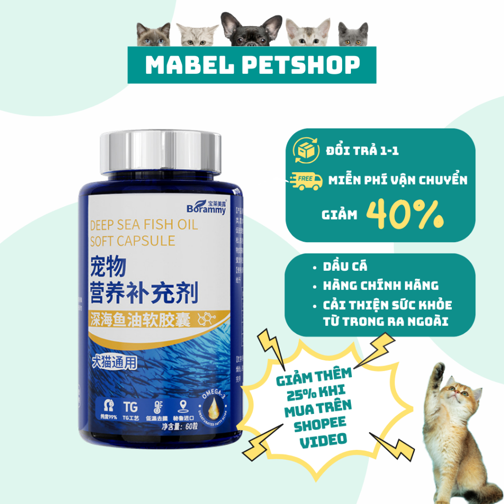 Dầu cá hồi cho chó mèo ngừa rụng lông, dầu cá hồi bổ sung vitamin e, omega3, DHA (60 viên)