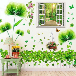 Decal dán tường cửa sổ hoa xanh chân cỏ hàng rào, sẵn keo dán