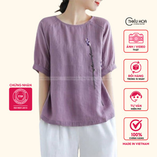 Áo Kiểu Nữ Linen Tay Bồng Thiều Hoa Y969