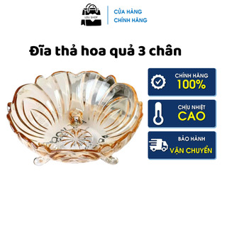 Đĩa thả hoa quả 3 chân thủy tinh pha lê trong suốt 23cm, Bát để hoa quả thiết kế họa tiết sang trọng, hiện đại