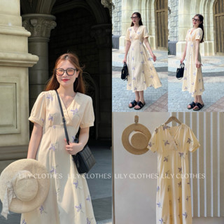 Lily.Clothes- Váy hoa nhí cổ V tay bồng thắt nơ eo dáng dài thêu hoa lavender điệu đà hàng QC