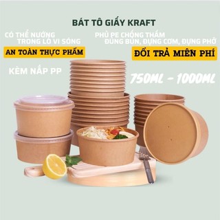 Tô Giấy, Bát Giấy Kraft Nâu 750ml & 1000ml Dùng 1 Lần Đựng Thực Phẩm, Bún, Phở, Cơm, Có Kèm Nắp PP