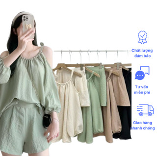 {BIG SIZE} Bộ Áo Khoét Vai Dài Tay Bo Chun Kèm Quần Short Ống Rộng Nhiều m\Màu, Set Bộ Đũi Xốp Đi Chơi Hàn Quốc-B010-TCA