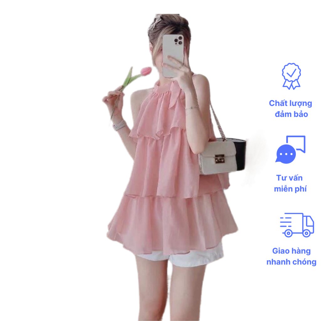 Áo voan tơ 3 tầng cổ yếm áo cổ yếm dây nơ vải voan tơ đẹp, Áo voan Tơ Công Chúa Hàn Quốc Tơ Óng Mềm 