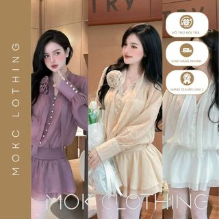 Đầm váy nữ voan tơ xoè đính cúc ngọc kèm hoa phong cách hàn quốc siêu đáng yêu, sang chảnh