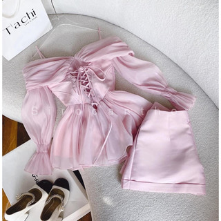 (Hình thật) Set 2 dây voan bèo trễ vai hồng kèm short đan dây
