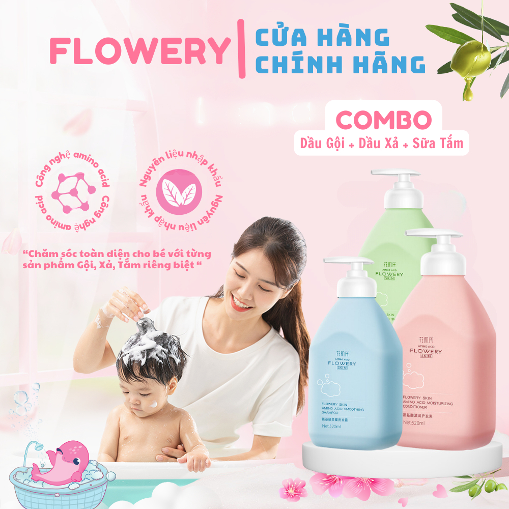 Combo Dầu gội + Dầu Xả + Sữa tắm trẻ em Flowery từ 3-15 tuổi công nghệ đặc biệt dịu nhẹ, dung tích 520ml