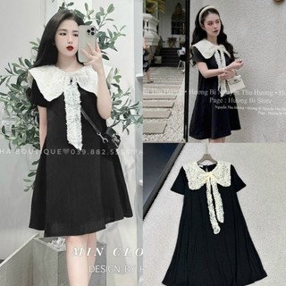 Váy đầm nữ cổ nơ ren bèo dáng suông chất tăm xòe nhẹ size s m - halinh shop - váy babydoll nữ phối ren bèo thắt nơ