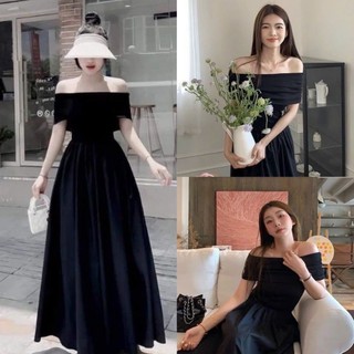 Váy đầm nữ trễ vai dáng dài xòe nhẹ size s m - halinh shop - váy trễ vai nữ maxi ngắn tay ôm người tôn dáng