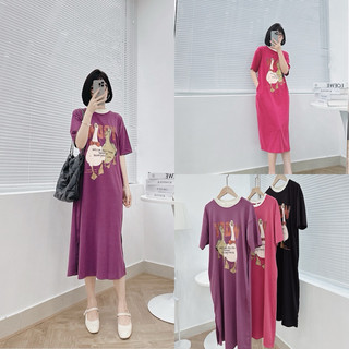 Đầm thun co dãn, váy suông in vịt cổ cao chất cotton dáng rộng cổ tròn tay ngắn thời trang