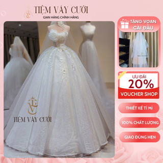 Váy cưới Cô Dâu 💖Tặng Voan Cài Đầu💖 Đầm cưới Đính Hoa 3D,Vải Kim Tuyến mịn, Cúp Ngực, Tùng To Bồng Bềnh, TVC49