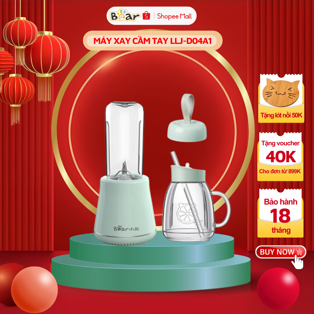 Máy Xay Sinh Tố Cầm Tay Bear LLJ-D04A1, Xay Hoa Quả Công Suất Lớn Không Ồn, BH 18 Tháng- Công ty CP 