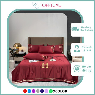 Bộ chăn ga gối phi lụa thêu chữ h luxury life mềm mịn sang trọng, set lụa 4 món chăn trần hè mát lạnh mẫu mới