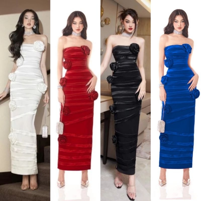 Đầm dạ hội body cúp ngực kết hoa hồng cao cấp- TẶNG HOA TAI THỜI TRANG