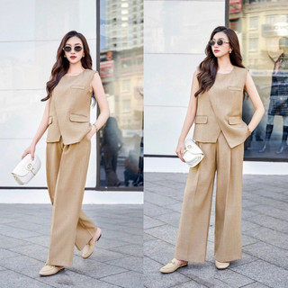 Set bộ nâu nút vai vạt xéo cách điệu