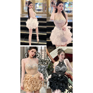 Đầm body yếm nhúng kết đá đính lông dự tiệc