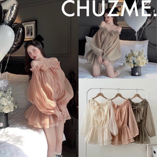 Áo váy tơ trễ vai xốp phồng nơ ngực chun eo tiểu thư