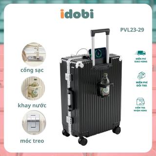 Vali du lịch thời trang idobi PVL23-29 Vali kéo size 20inch có khay cốc nước kèm cổng sạc USB