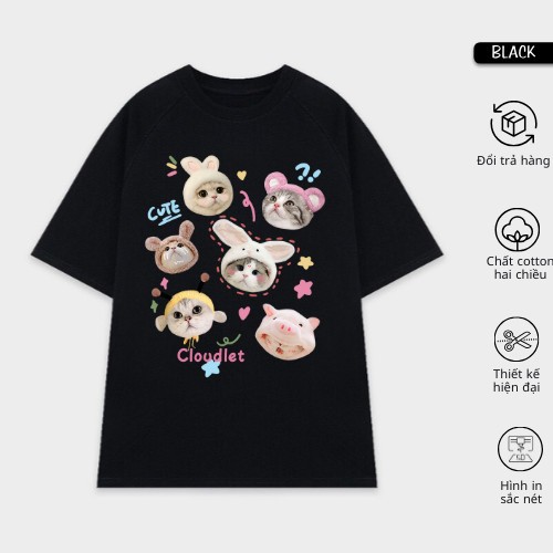 (Cloudet) Áo thun cotton mèo unisex form rộng cổ tròn AT03