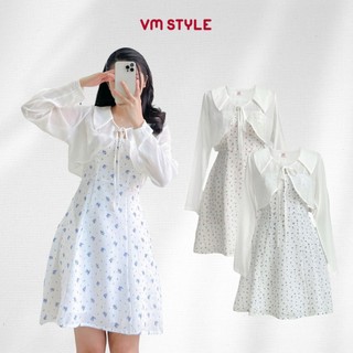 Đầm nữ VMSTYLE hai dây đi biển hoa nhỏ kèm khoác ngoài tay dài cánh dơi mỏng tiểu thư VM35 VDU00213