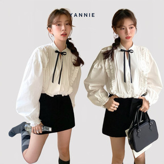 Áo sơ mi trắng tay phồng nơ cổ tiểu thư công sở phong cách Hàn Quốc Yannie