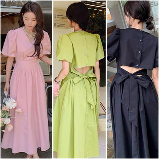 Đầm midi dạo phố nút sau thun eo 3 màu phong cách hàn quốc (kèm hình thật)