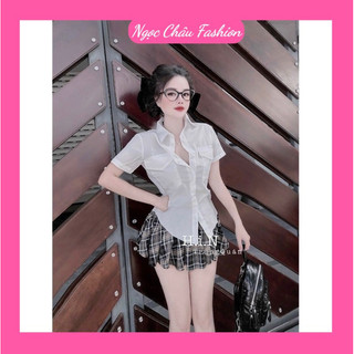 Set áo sơ mi trắng tay ngắn kiểu có túi nắp phối chân váy caro xếp ly xòe form 40-53kg size S M mặc được