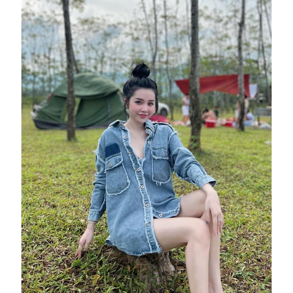 Áo sơ mi jean form rộng phối viền tua rua tay dài (kèm hình thật) q5 TOMBI SHOP