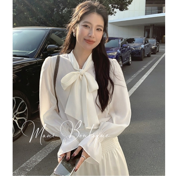 Áo sơ mi trắng nữ  cổ nơ đi học tay dài bo chun nhúm cổ bẻ basic form rộng vừa kiểu áo sơ mi đi học 
