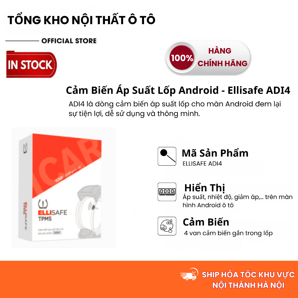 Cảm Biến Áp Suất Lốp ICAR Ellisafe ADI4 Hiển Thị Trên Màn Hình Android Cảm Biến Áp Suất Lốp 4 Van Trong Cho Ô Tô