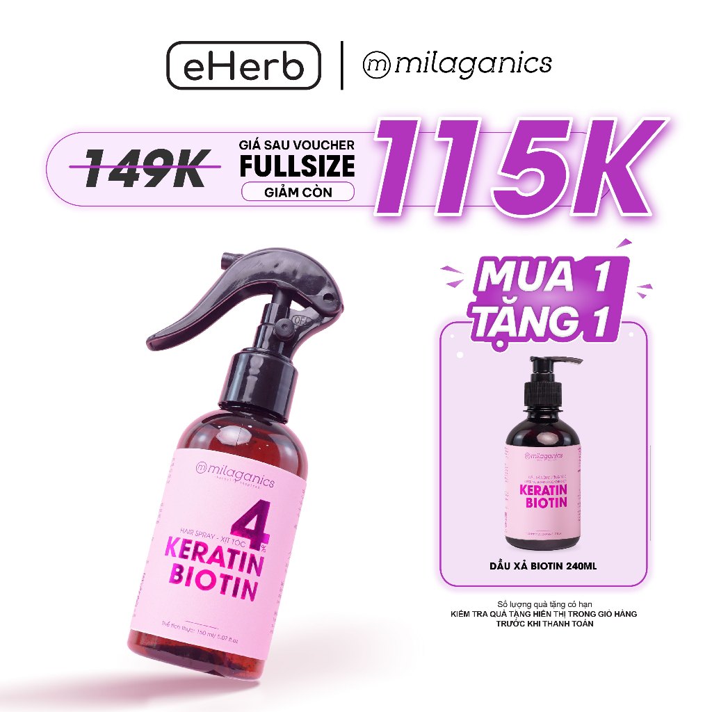 [MUA 1 TẶNG 1 FULL] Xịt dưỡng tóc Biotin & Keratin hỗ trợ phục hồi tóc, tác động kép tăng cường mọc tóc MILAGANICS 150ml