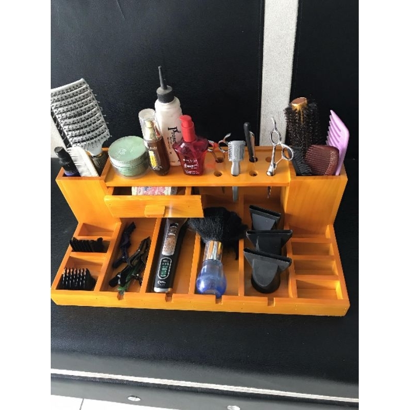 khay gỗ đựng tông đơ màu vàng có ngăn kéo