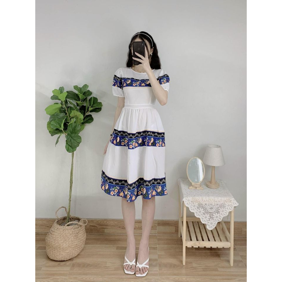Váy trắng dáng xòe phối họa tiết thổ cẩm Đầm trắng thiết kế dự tiệc đi làm chất Linen thoáng mát Mái Việt Nam _V1960
