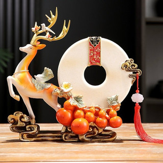Tượng decor hươu kéo hồ lô ngũ phúc đĩa như ý phong thủy, quà tặng tân gia khai trương sinh nhật