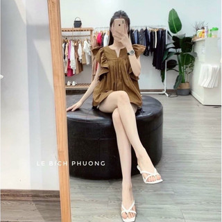 Bộ bầu mùa hè cánh tiên cổ V 2 màu nâu và trắng B66