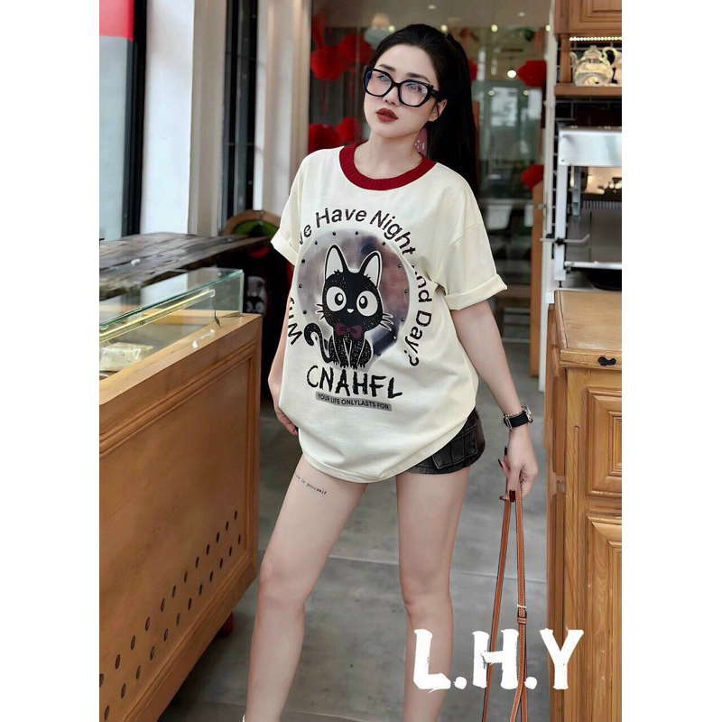🍀Áo phông phối cổ hình mèo 3 màu .from rộng