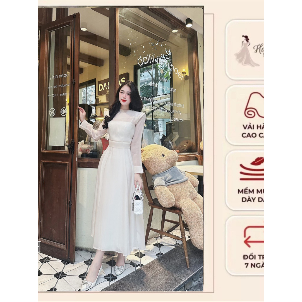 SET Đầm Nữ Tiểu Thư, SET Váy Dự Tiệc Chất Liệu Tơ mềm gồm váy 2 giây kèm áo Sang Trọng KEM GHI Dự Ti
