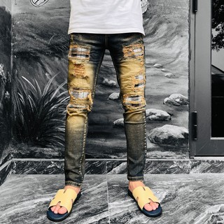 Quần Jean Bò Nam Nâu Đồng Vá Vải Ghi Chất Liệu Co Giãn, Quần Bò Phối Rách Vá Ghi Bản Cao Cấp Thời Trang Nam