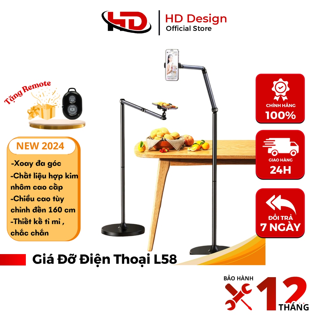 Giá Đỡ Điện Thoại L58 Xoay 360 Độ, Hợ Livestream, Chất Liệu Cao Cấp Bằng Kim Loại Và Nhôm Chắc Chắn, Tặng Kèm Remote