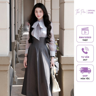  Đầm Dự Tiệc Dáng Dài Màu Ghi Tây THE PEA Thiết Kế Thắt Nơ Đính Đá Thủ Công MONIE DRESS 