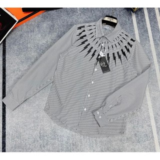  Áo Sơ Mi Nam Nữ Kẻ Sọc Dài Tay In Hình Tia Sét Chất Cotton Lụa 