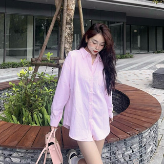 Áo sơ mi kẻ sọc hở vai dáng rộng màu pastel dài tay Lumii