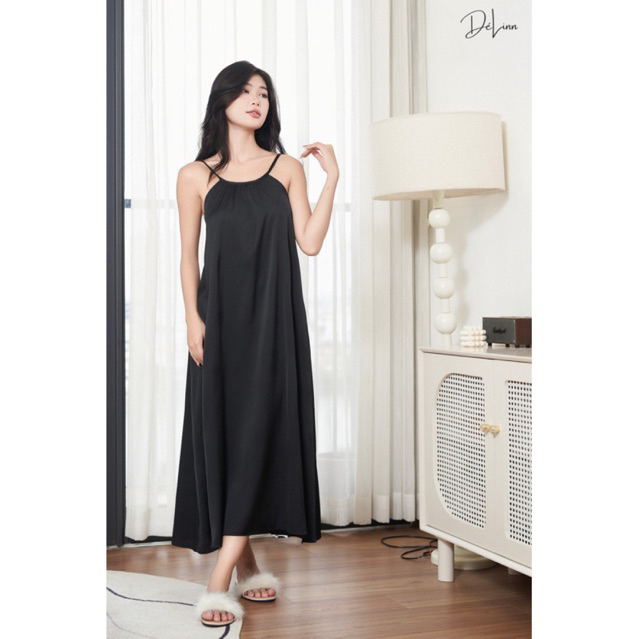 Đầm 2 Dây Cổ Yếm Lụa Latin Hàn Cao Cấp DELINN Đầm Ngủ Lụa 2 Dây Đỏ Đen Quyến Rũ Cho Nàng