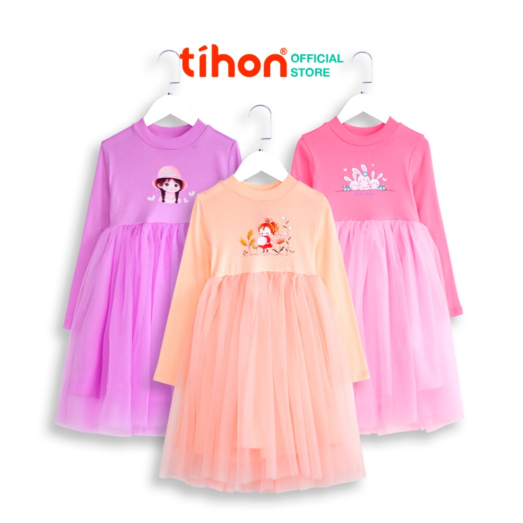 Váy cho bé gái TIHON chất liệu mềm mại thun phối voan in hình cute, màu sắc tươi sáng, from dáng cực xinh VCC0750333