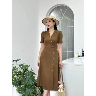 Váy công sở cổ chữ V phối khuy dáng dài form chữ A mặc đi làm công sở U&M (VT22)