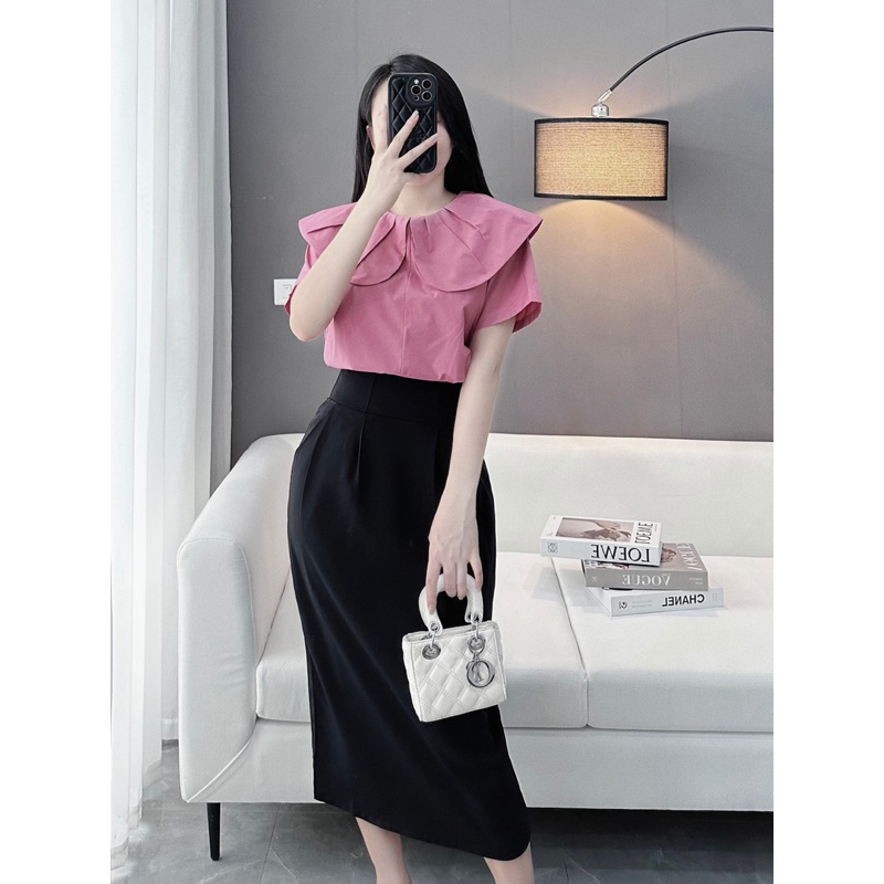 Áo sơ mi kẻ xanh cổ sen trẻ trung không móc | BigBuy360 - bigbuy360.vn