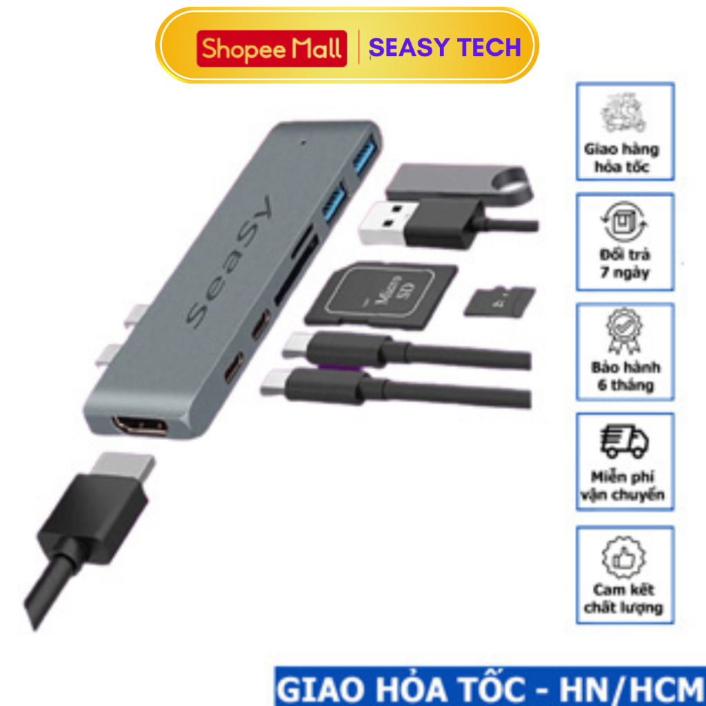 Hub Chuyển Đổi USB Type C Thunderbolt 3 7 in 1 SeaSy,1 HDMI 4K,1 Thunderbolt, 1 TypeC, 2 USB 3.0, Khe Đọc Thẻ Nhớ SD/TF