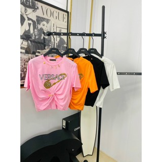 Áo thun croptop chữ Versace thêu ghim băng đủ màu đính đá